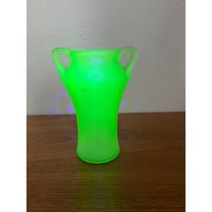 Vintage 1930's GreenSatin Glass Urn Vase with Tight Handles and Rib Optic Design
